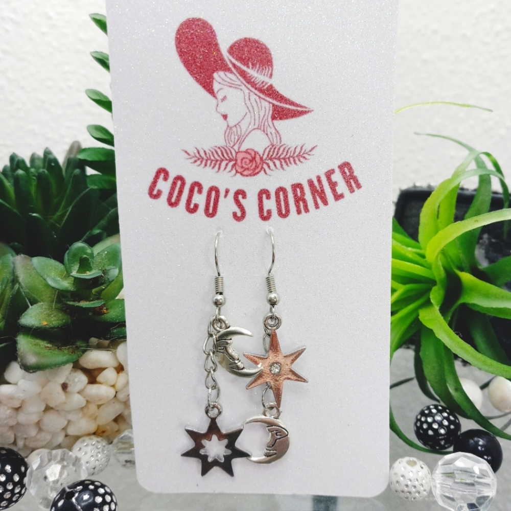 Moon and stars celestial dangle earrings